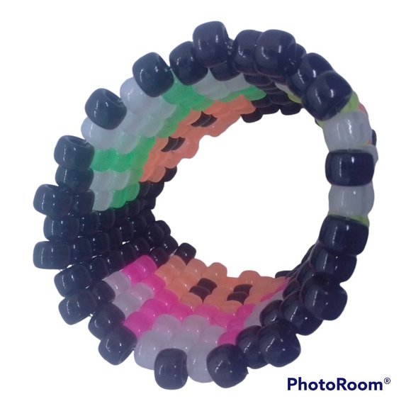 Glow in the Dark Mario Mushroom Kandi Cuff Bracelet.  Pink/Yellow/Green EDC - Picture 6 of 7
